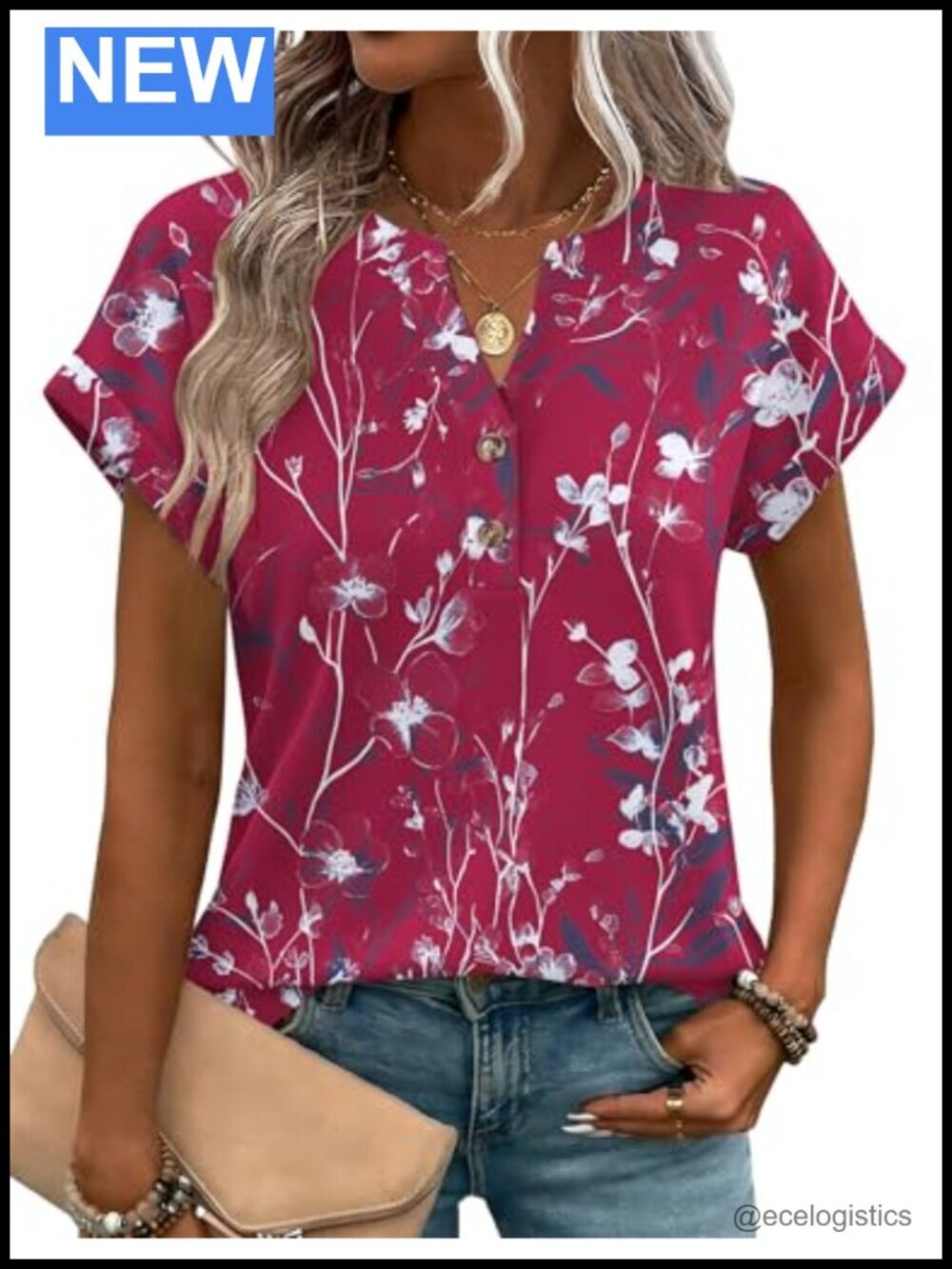 Short Sleeve V Neck Dressy Casual Blouse with Button Down